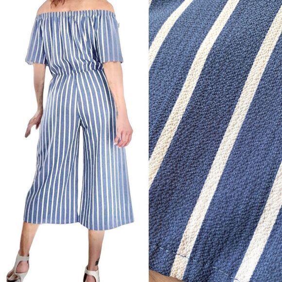 Blue minimal Stripe Culotte Jumpsuit off shoulder romper blue coastal preppy S - Picture 1 of 10